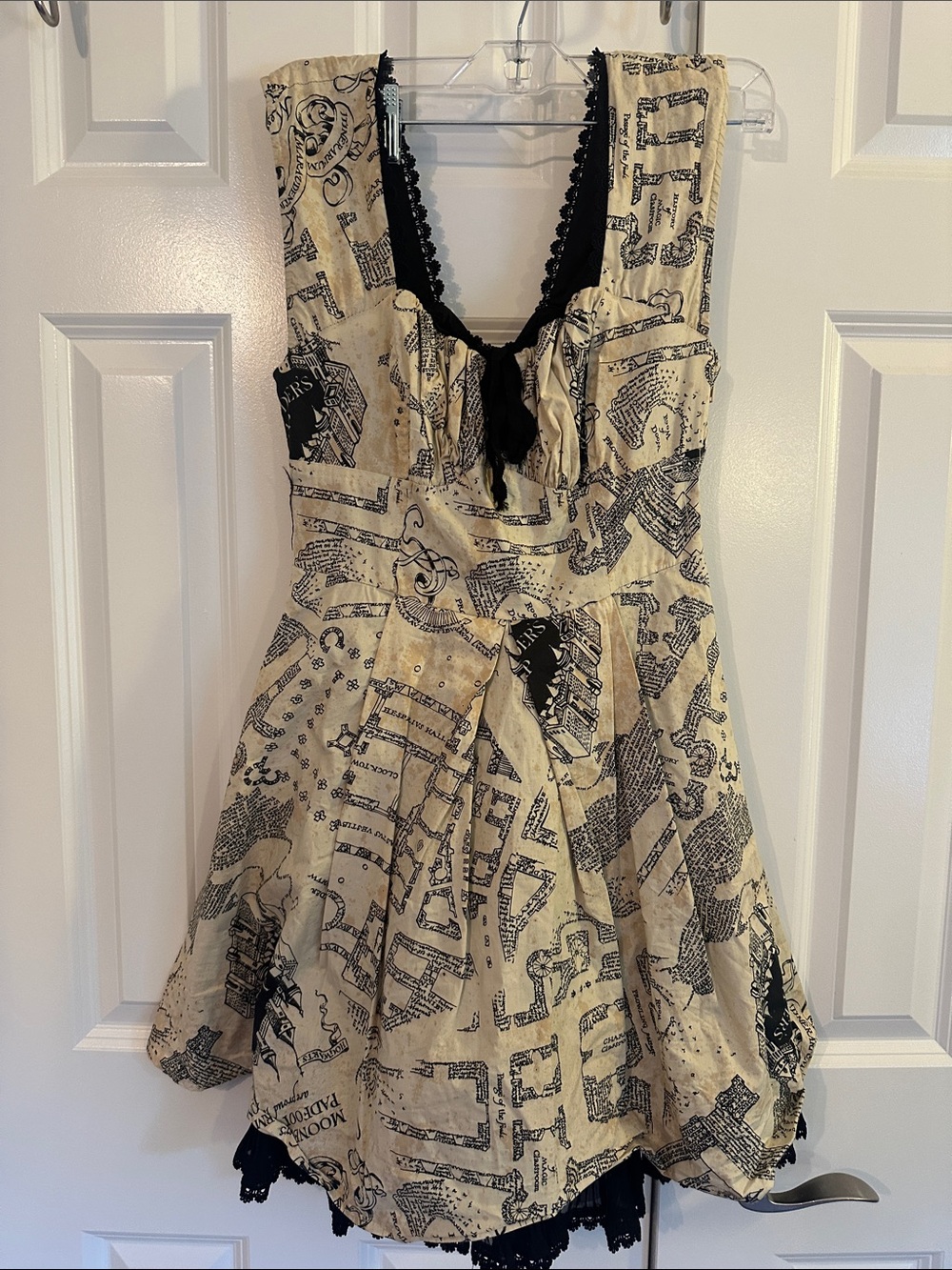 Harry Potter Hot topic collection- Cream/Black Printed Midi Dress with Lace Trim